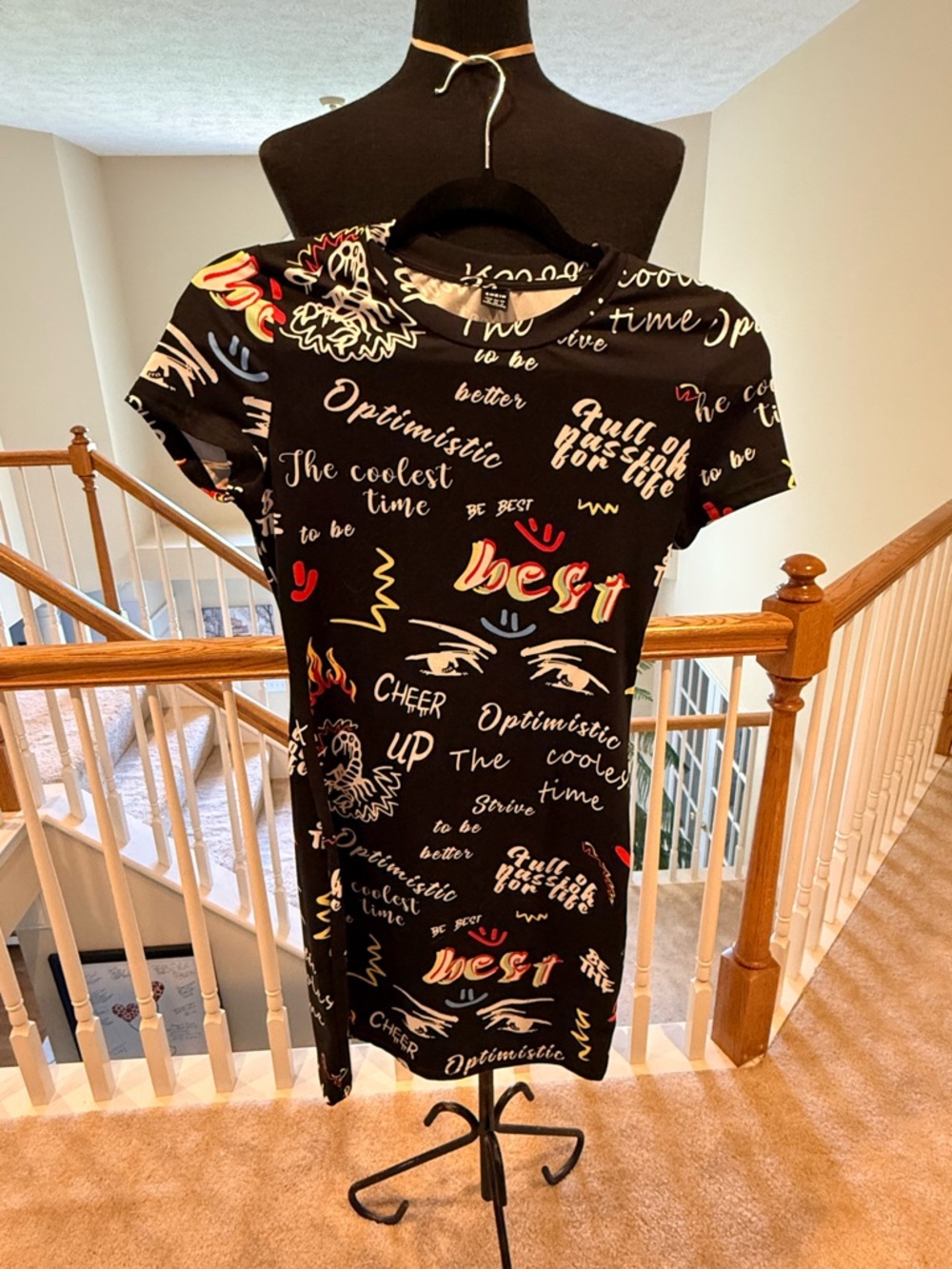 SHEIN Black Graphic Script Tee Dress with Multicolor Accents